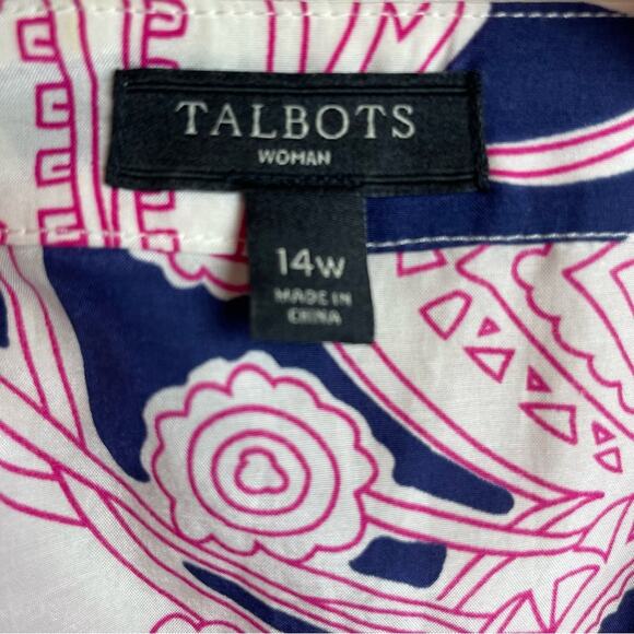 Talbots Navy White Pink Floral Faux Wrap Silk Blend Top 14W - Picture 8 of 9